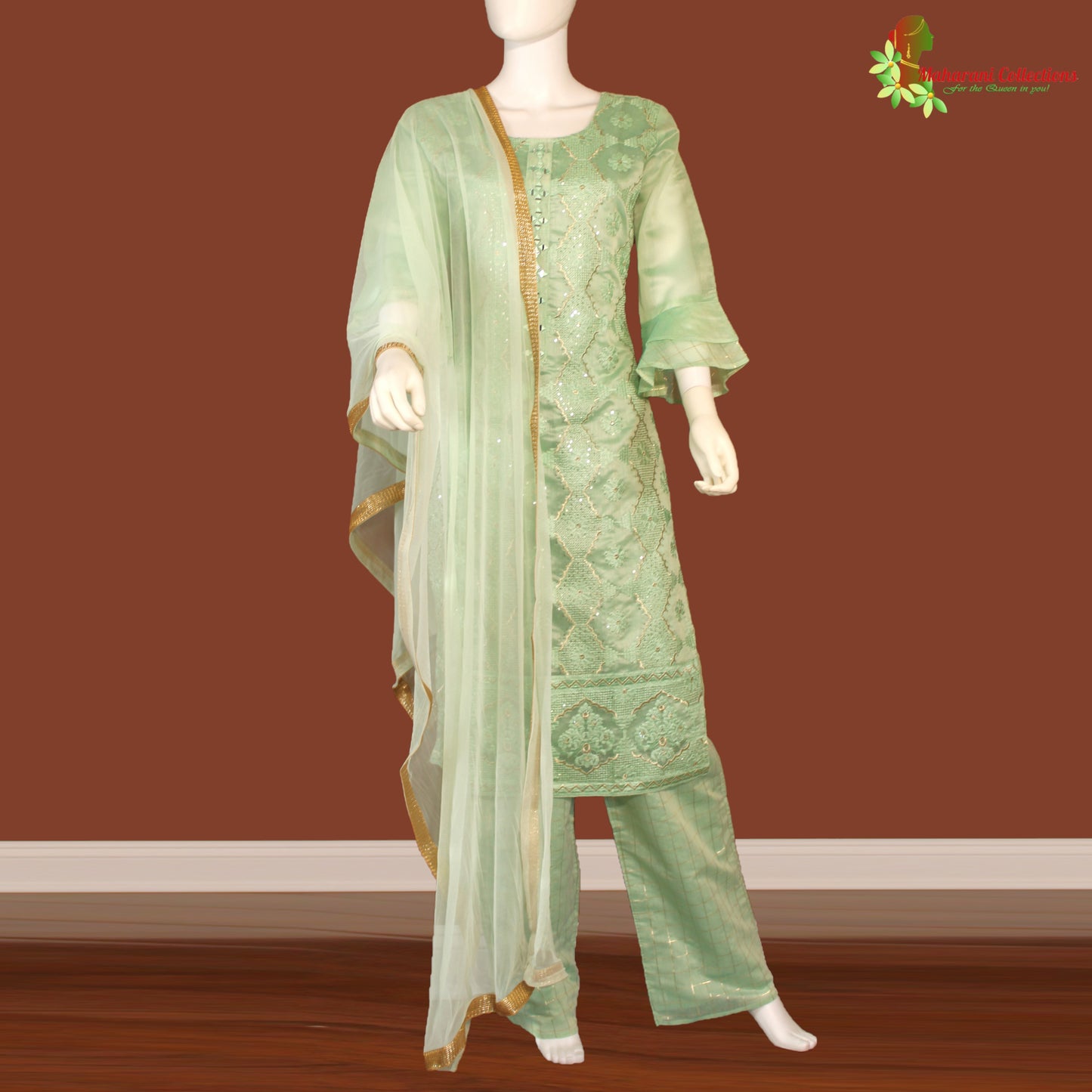 Maharani's Designer Palazzo Suit Set - Sea Green (L) - Soft Silk