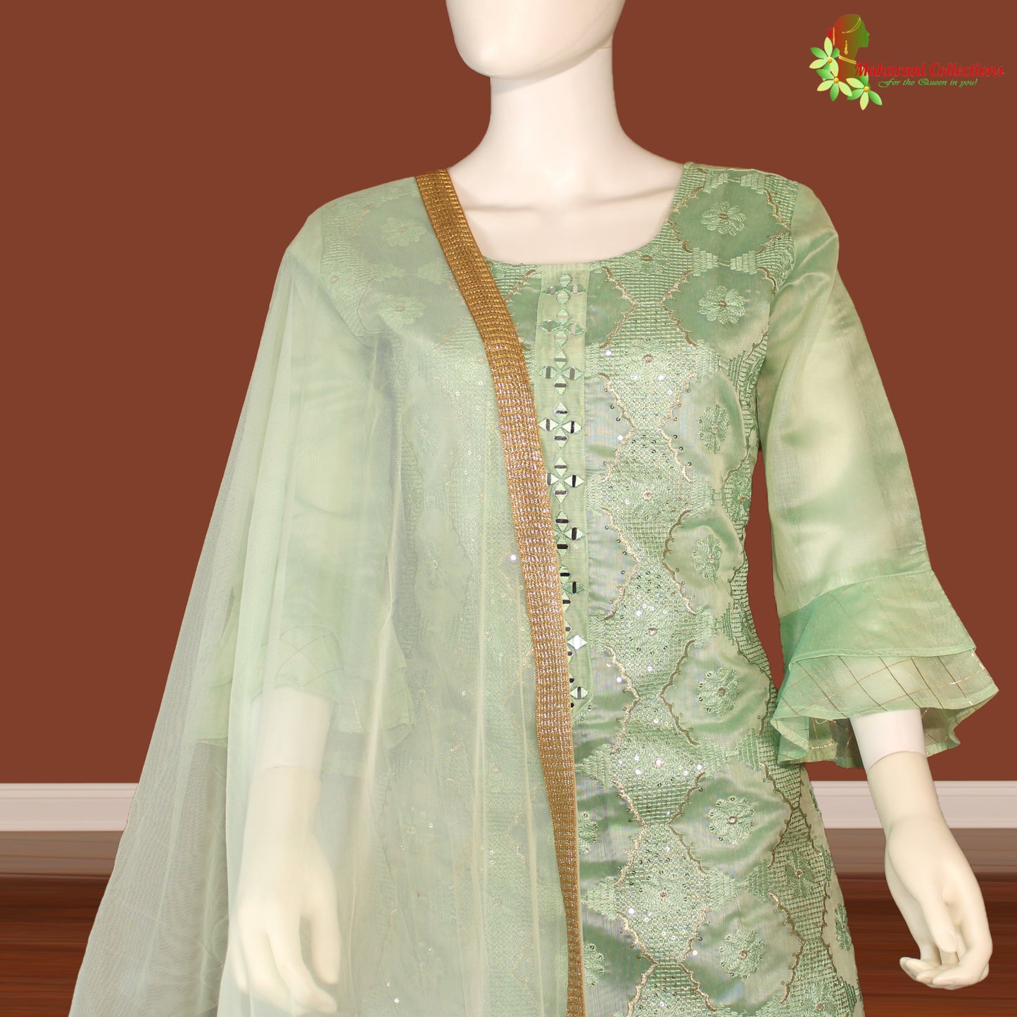Maharani's Designer Palazzo Suit Set - Sea Green (L) - Soft Silk