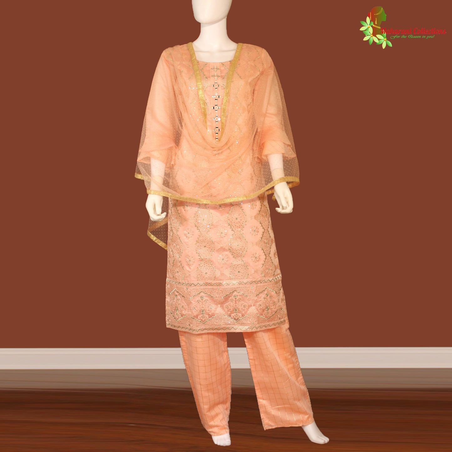 Maharani's Designer Palazzo Suit Set - Peach (M) - Soft Silk