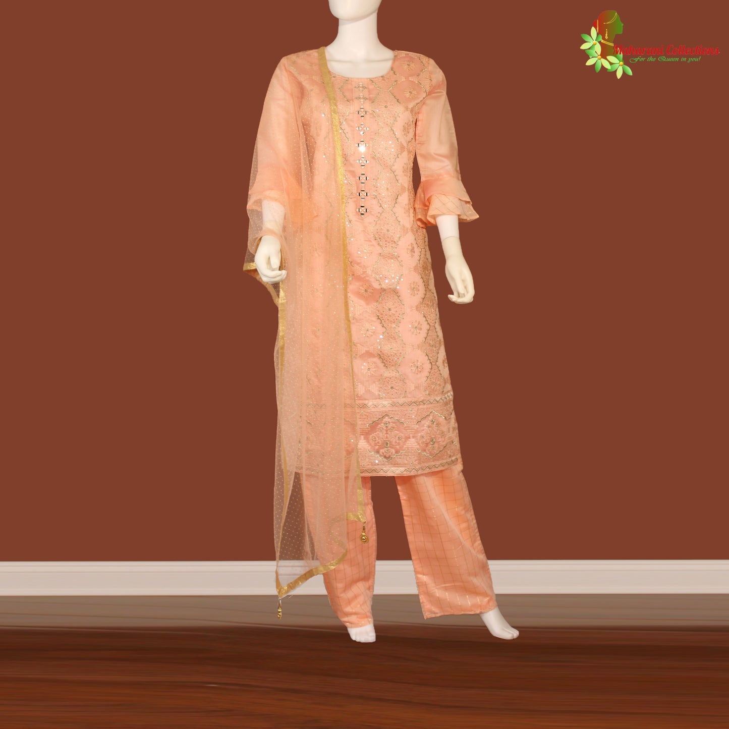 Maharani's Designer Palazzo Suit Set - Peach (M) - Soft Silk