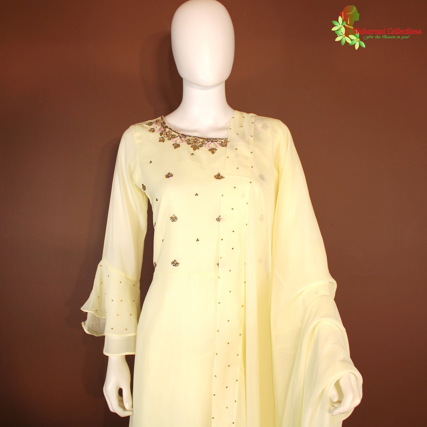 Maharani's Designer Anarkali Suit - Light Yellow (M) - Pure Georgette - Gala Gown