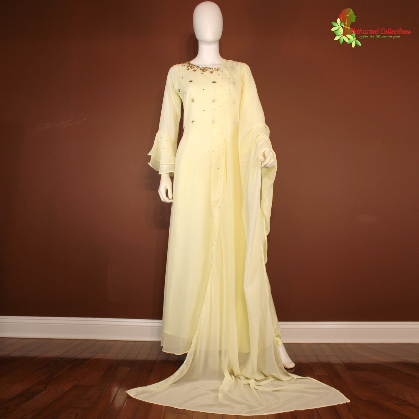 Maharani's Designer Anarkali Suit - Light Yellow (M) - Pure Georgette - Gala Gown