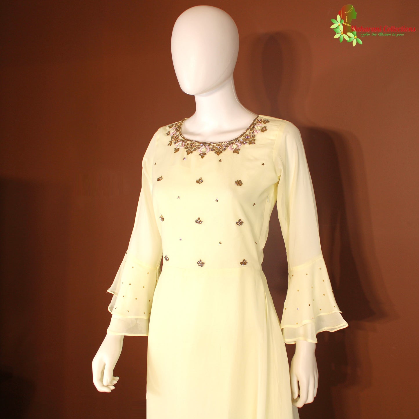Maharani's Designer Anarkali Suit - Light Yellow (M) - Pure Georgette - Gala Gown