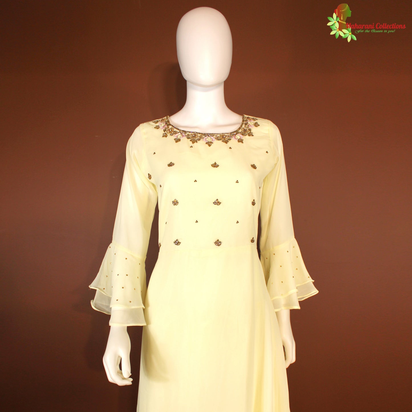 Maharani's Designer Anarkali Suit - Light Yellow (M) - Pure Georgette - Gala Gown