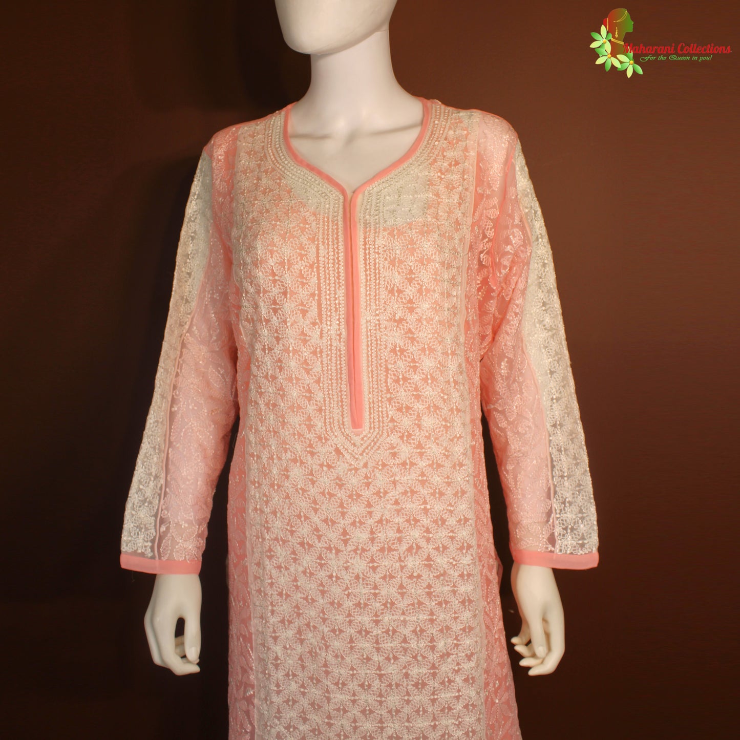 Maharani's Lucknowi Chikankari Pant Suit - Peach (XXL) - Pure Georgette