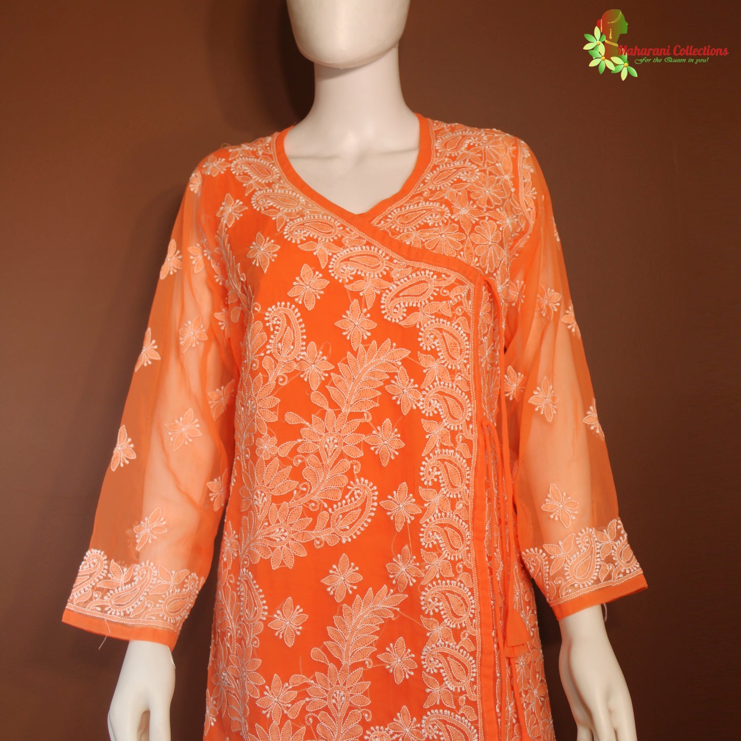 Maharani's Lucknowi Chikankari Pant Suit - Orange (XL) - Pure Georgette