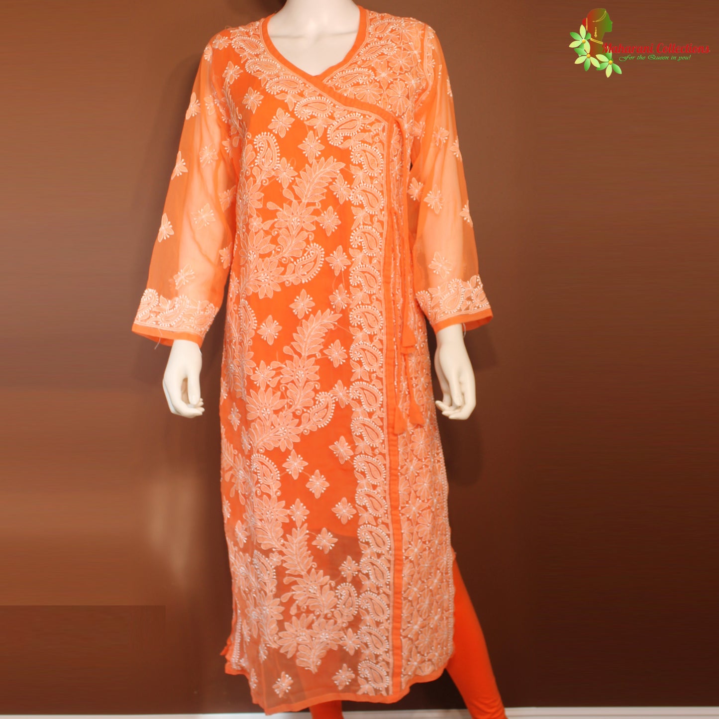 Maharani's Lucknowi Chikankari Pant Suit - Orange (XL) - Pure Georgette