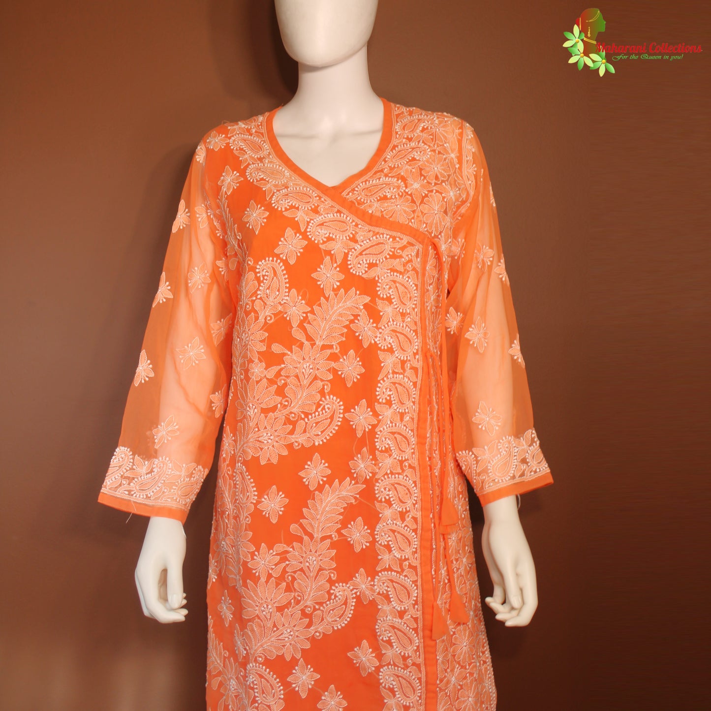 Maharani's Lucknowi Chikankari Pant Suit - Orange (XL) - Pure Georgette