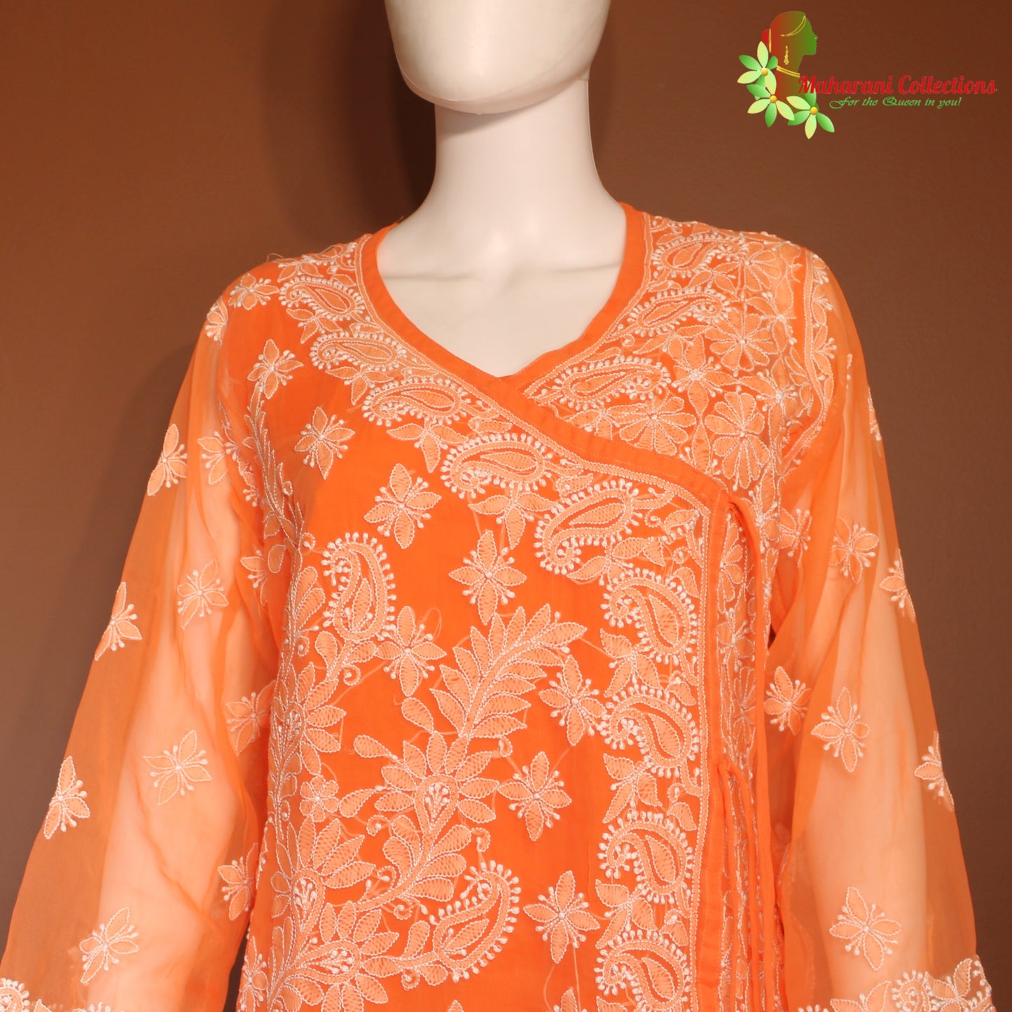 Maharani's Lucknowi Chikankari Pant Suit - Orange (XL) - Pure Georgette