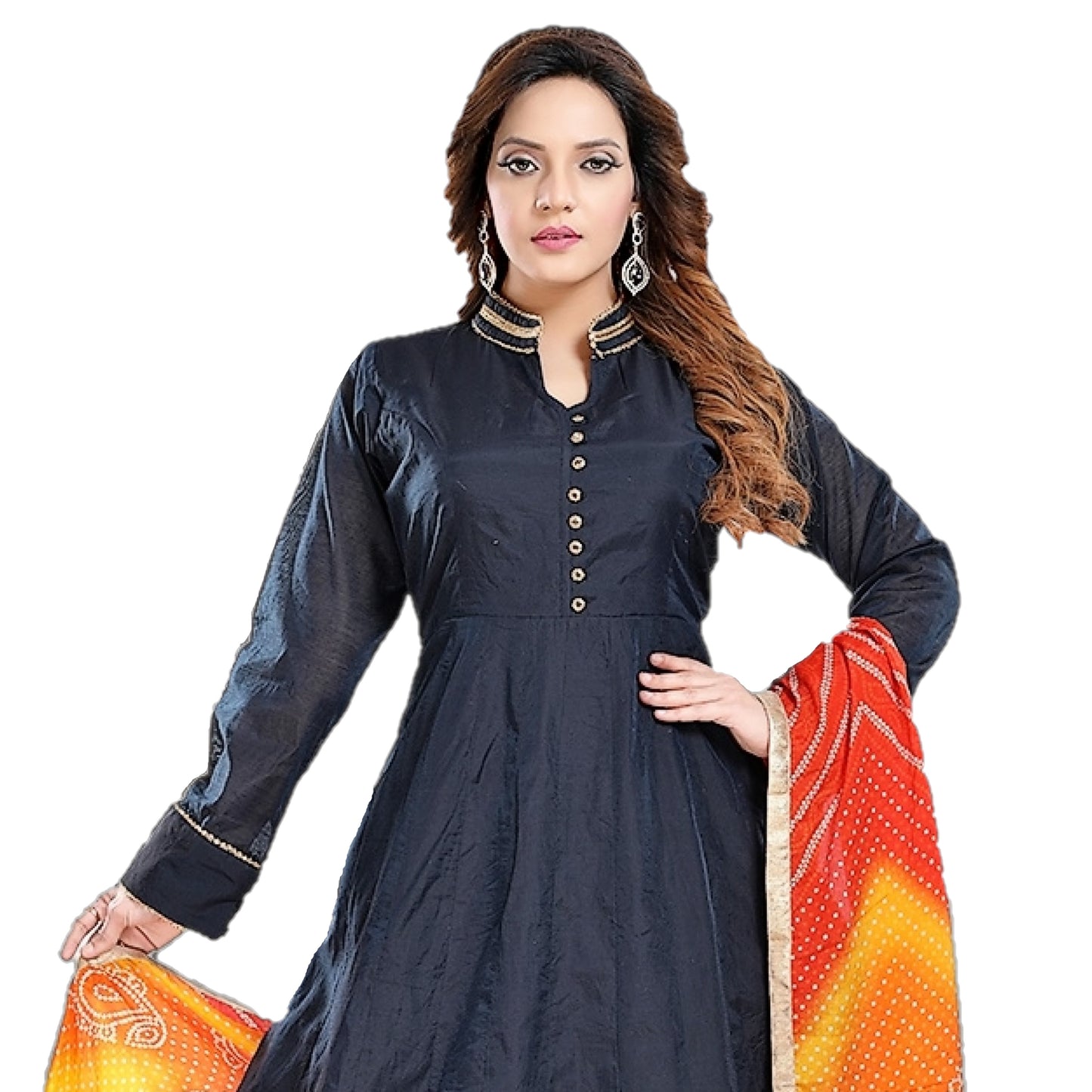 Maharani's Designer Gown (Anarkali Suit) - Navy Blue (L) - Tussar Silk