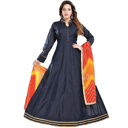 Maharani's Designer Gown (Anarkali Suit) - Navy Blue (L) - Tussar Silk