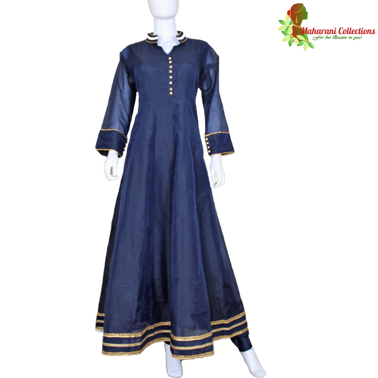 Maharani's Designer Gown (Anarkali Suit) - Navy Blue (L) - Tussar Silk