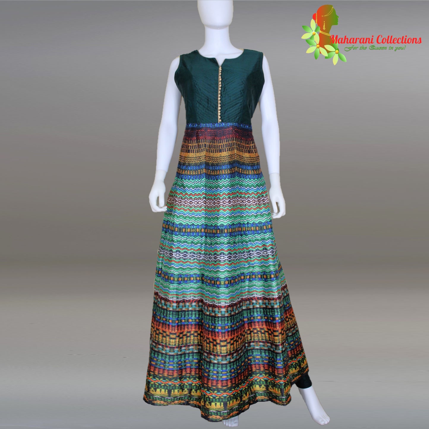 Maharani's Designer Gown (Anarkali Suit) - Bottle Green (L) - Tussar Silk