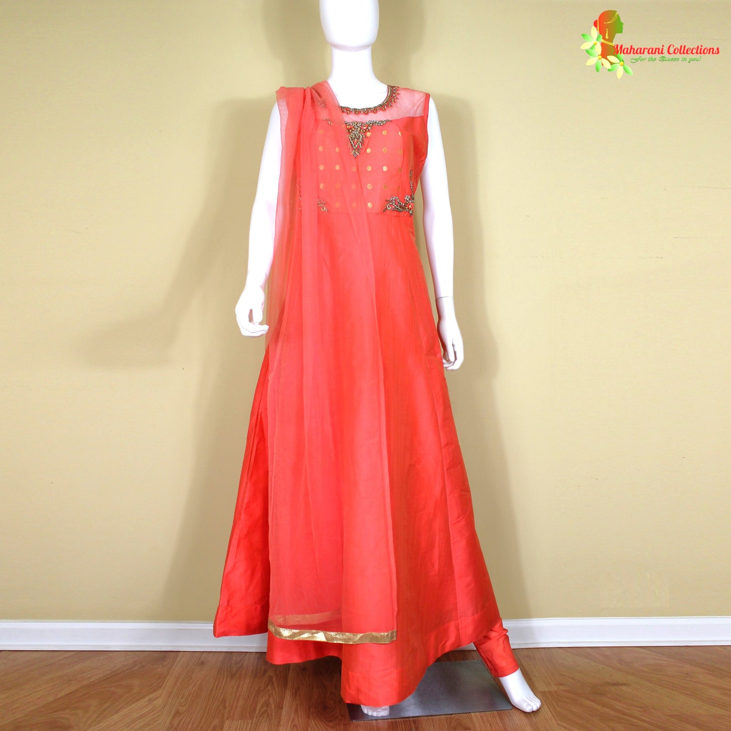 Maharani's Designer Gown (Anarkali Suit) - Dark Orange (L) - Tussar Silk