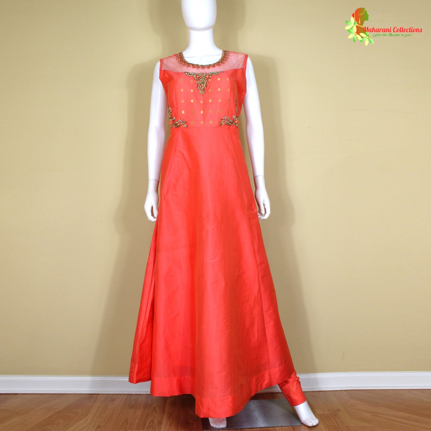 Maharani's Designer Gown (Anarkali Suit) - Dark Orange (L) - Tussar Silk