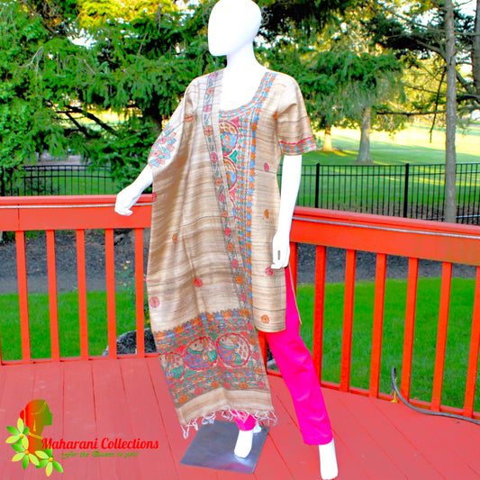 Maharani's Finest Silk Pant Suit - Pure Bhagalpur Tussar Silk - Khaki (M)