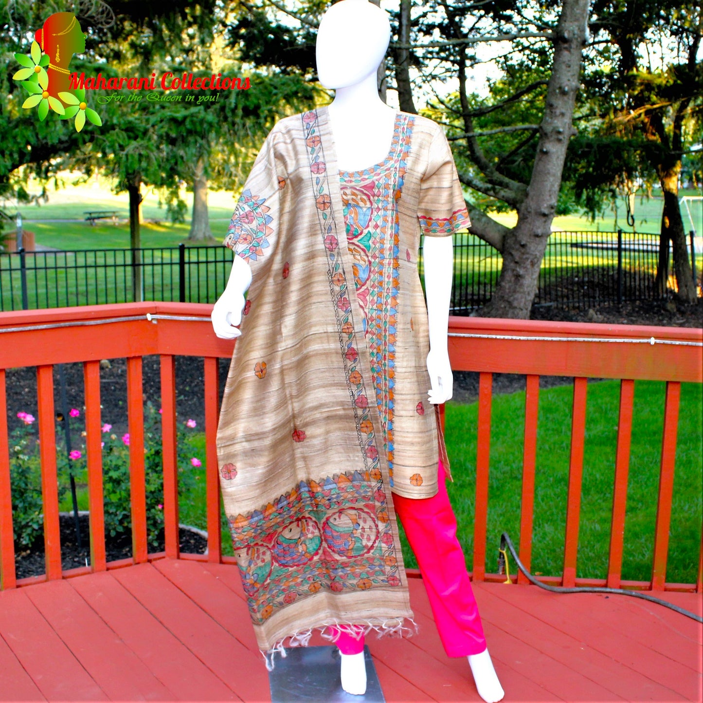 Maharani's Finest Silk Pant Suit - Pure Bhagalpur Tussar Silk - Khaki (M)
