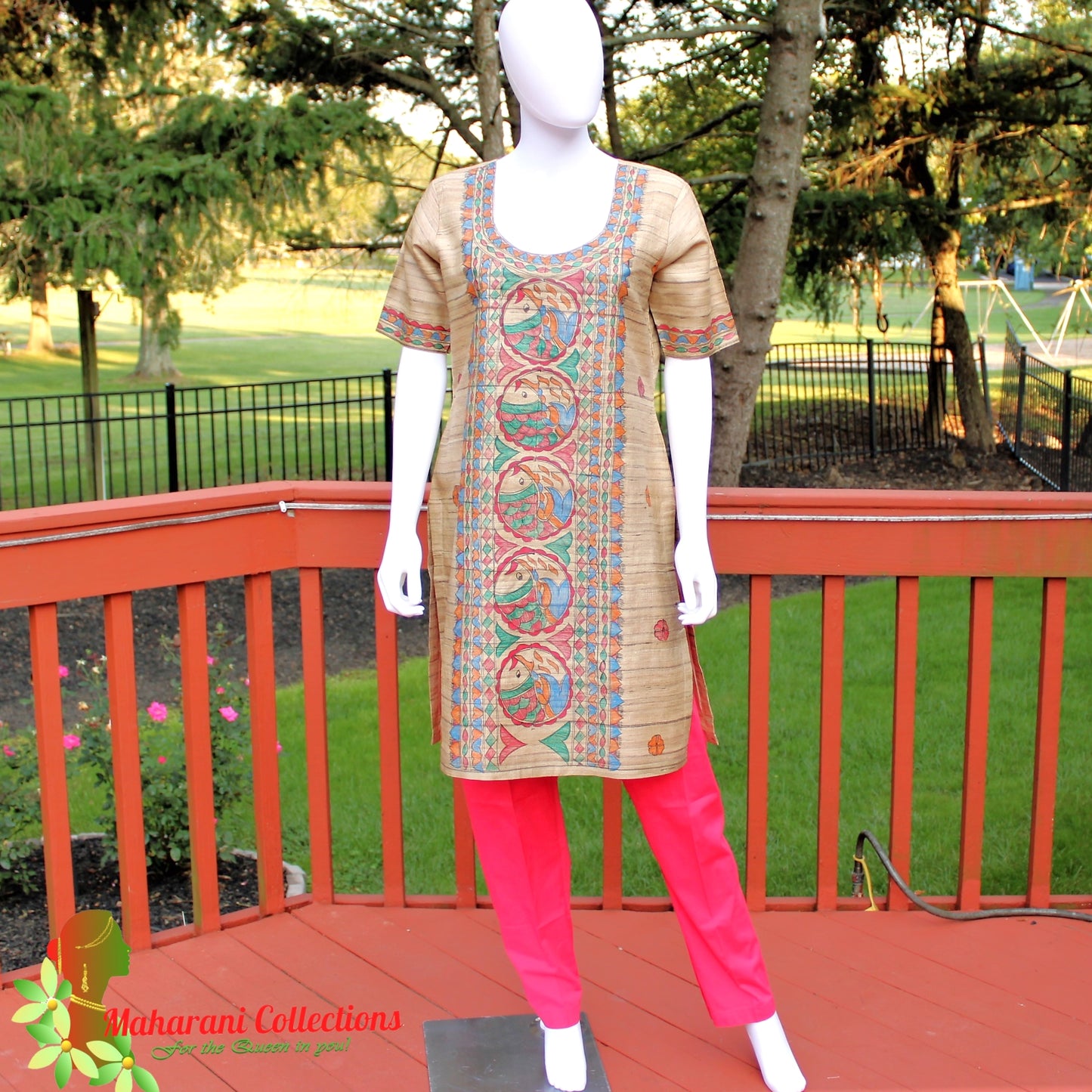 Maharani's Finest Silk Pant Suit - Pure Bhagalpur Tussar Silk - Khaki (M)