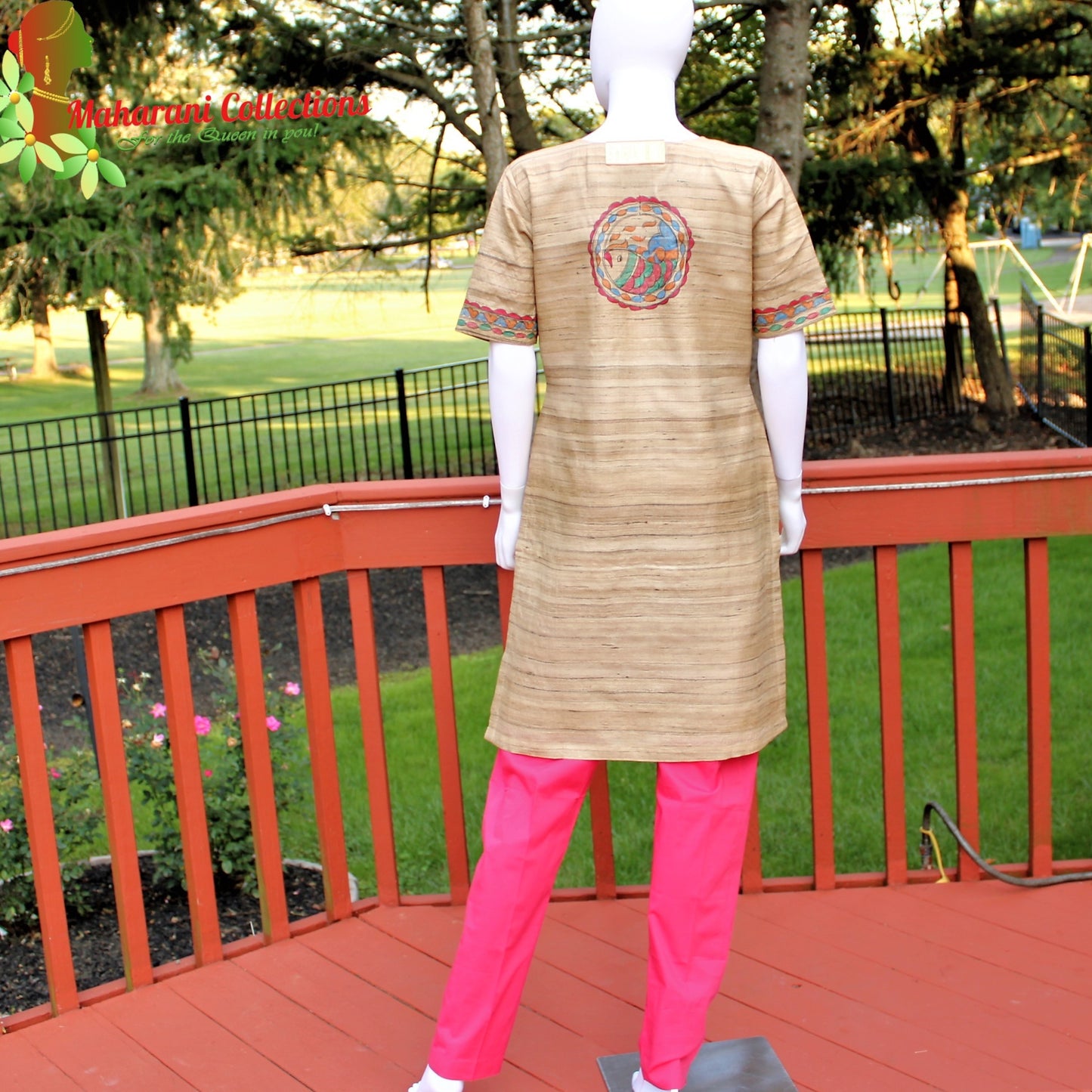 Maharani's Finest Silk Pant Suit - Pure Bhagalpur Tussar Silk - Khaki (M)