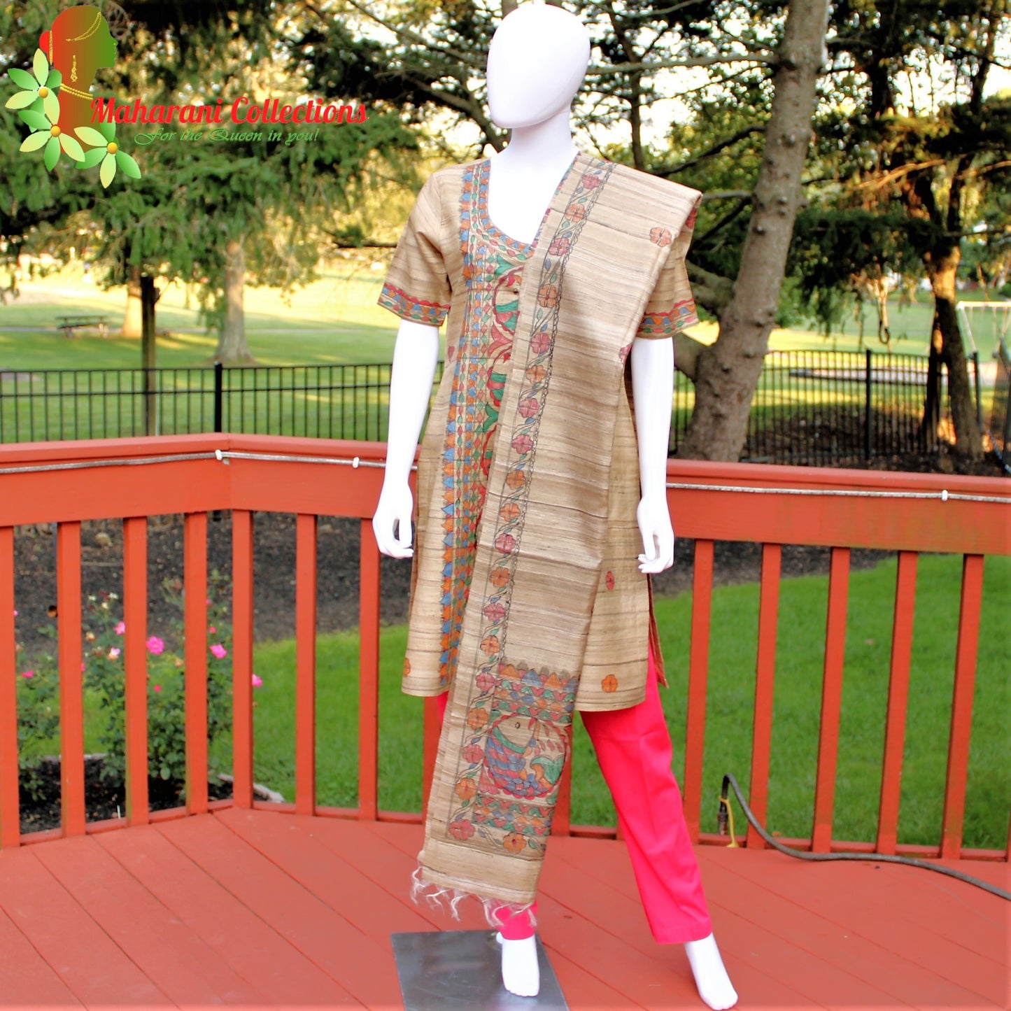 Maharani's Finest Silk Pant Suit - Pure Bhagalpur Tussar Silk - Khaki (M)