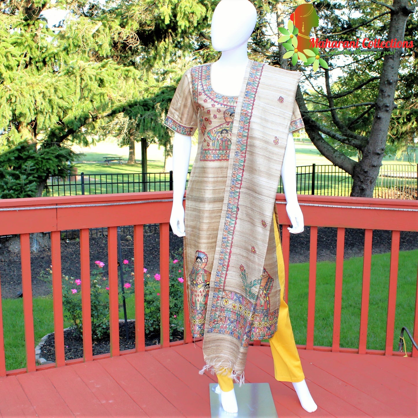 Maharani's Finest Silk Pant Suit - Pure Bhagalpur Tussar Silk - Khaki (M)