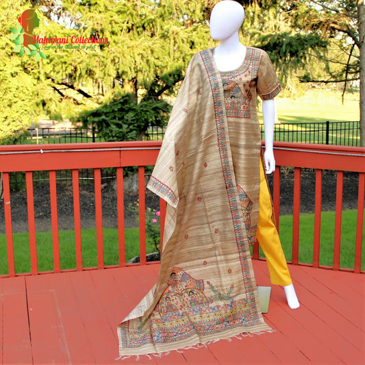 Maharani's Finest Silk Pant Suit - Pure Bhagalpur Tussar Silk - Khaki (M)