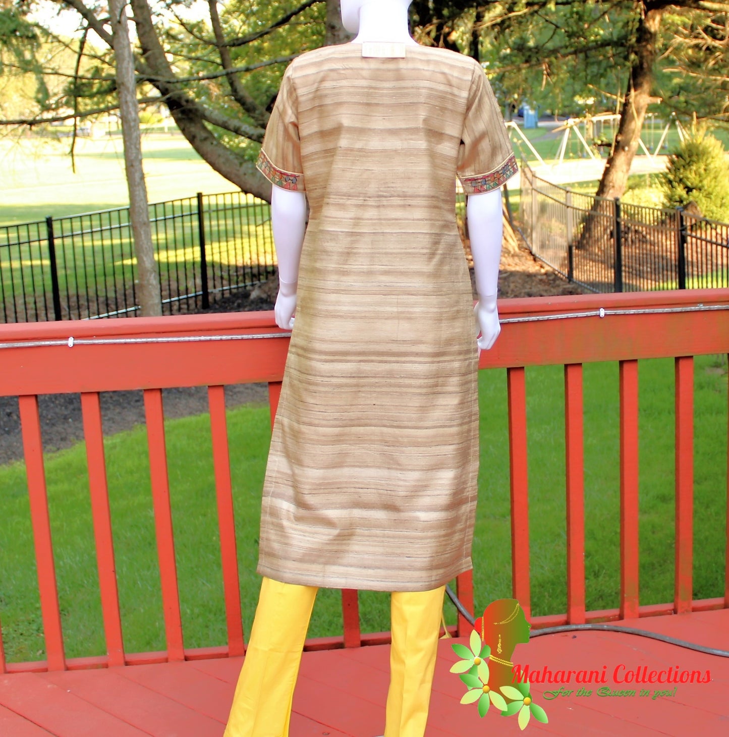 Maharani's Finest Silk Pant Suit - Pure Bhagalpur Tussar Silk - Khaki (M)