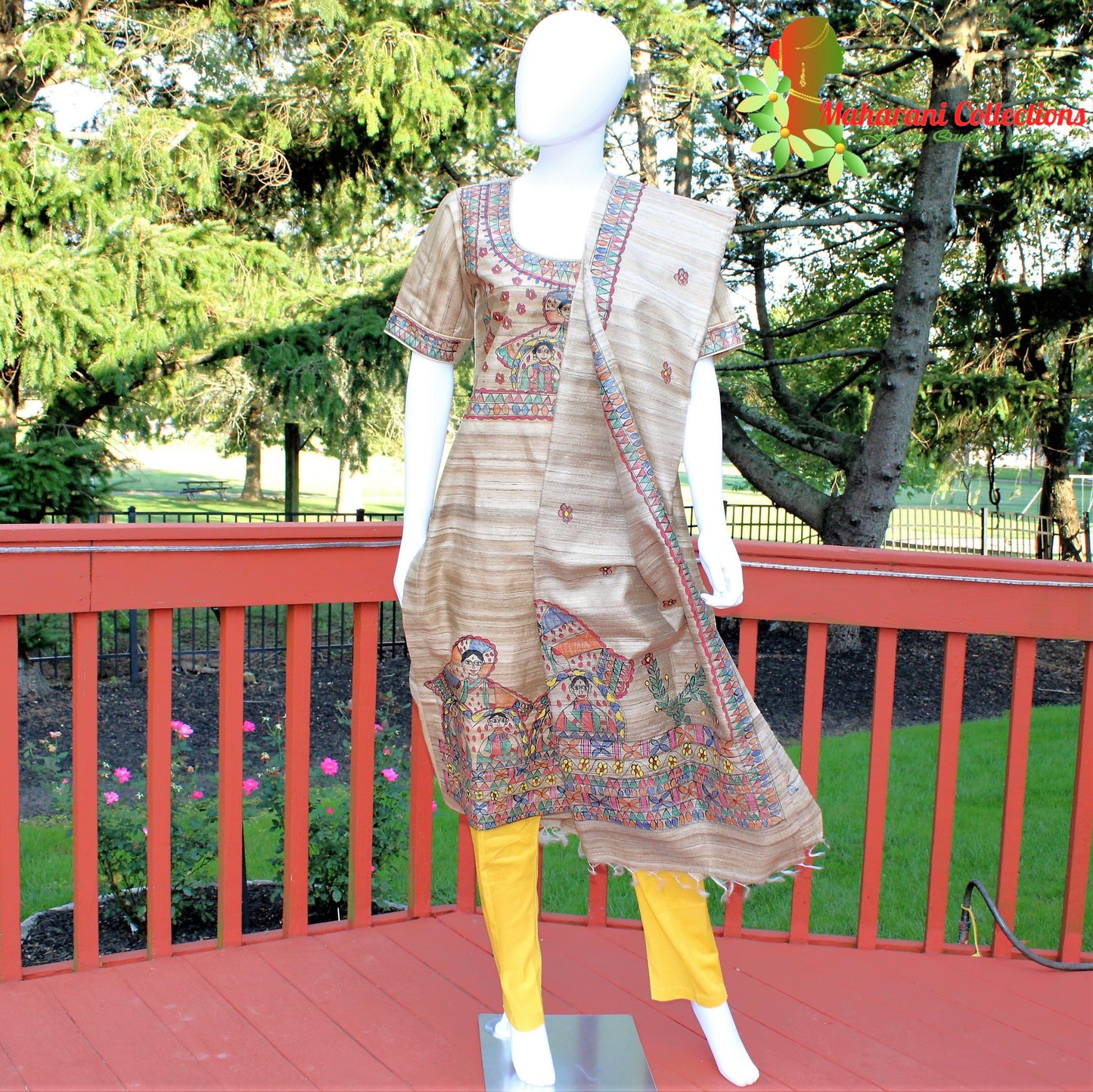 Maharani's Finest Silk Pant Suit - Pure Bhagalpur Tussar Silk - Khaki (M)