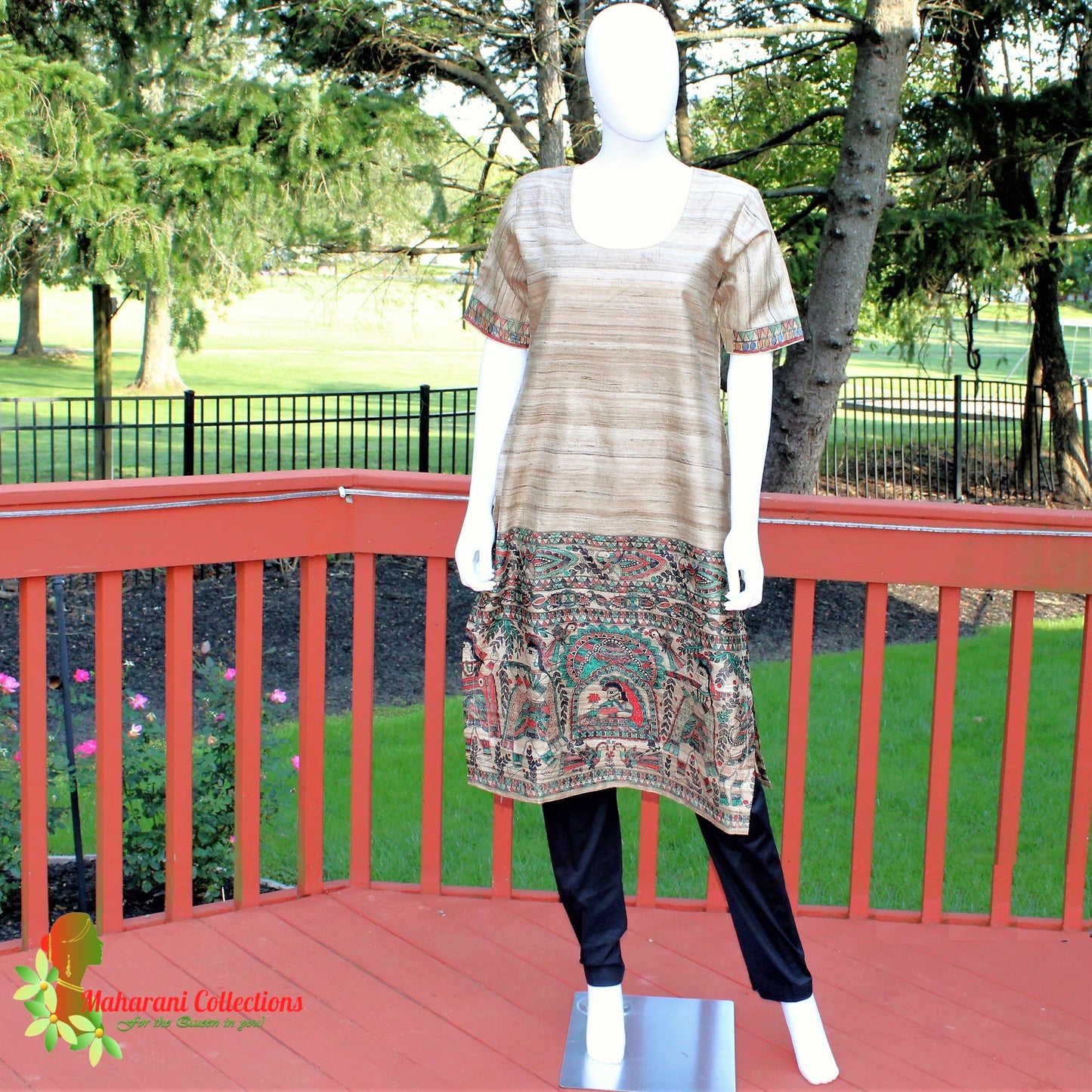 Maharani's Finest Silk Pant Suit - Pure Bhagalpur Tussar Silk - Khaki (M)