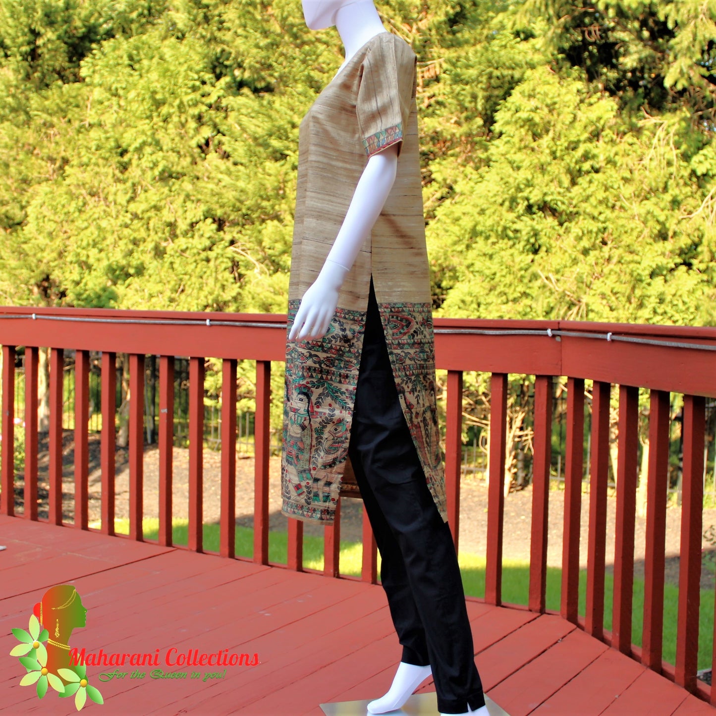 Maharani's Finest Silk Pant Suit - Pure Bhagalpur Tussar Silk - Khaki (M)