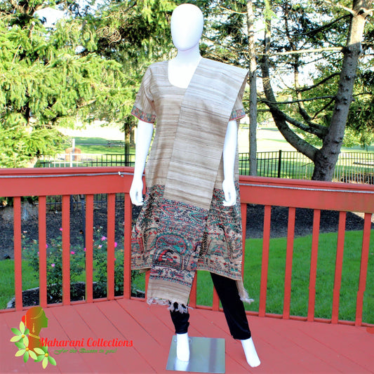 Maharani's Finest Silk Pant Suit - Pure Bhagalpur Tussar Silk - Khaki (M)