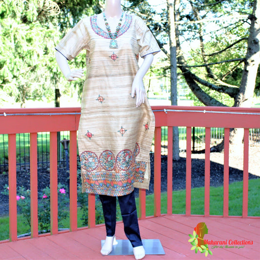 Maharani's Finest Silk Pant Suit - Pure Bhagalpur Tussar Silk - Khaki (M)