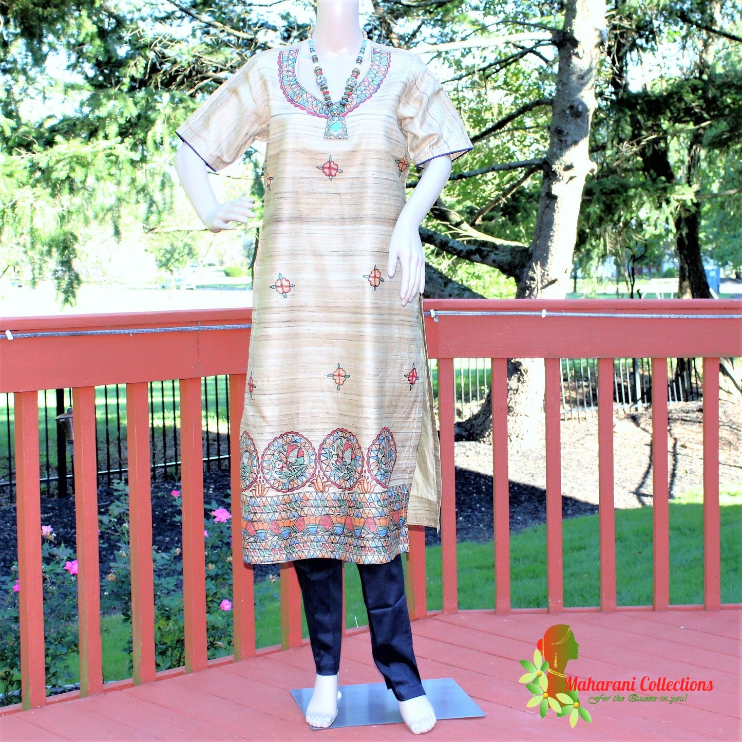 Maharani's Finest Silk Pant Suit - Pure Bhagalpur Tussar Silk - Khaki (M)