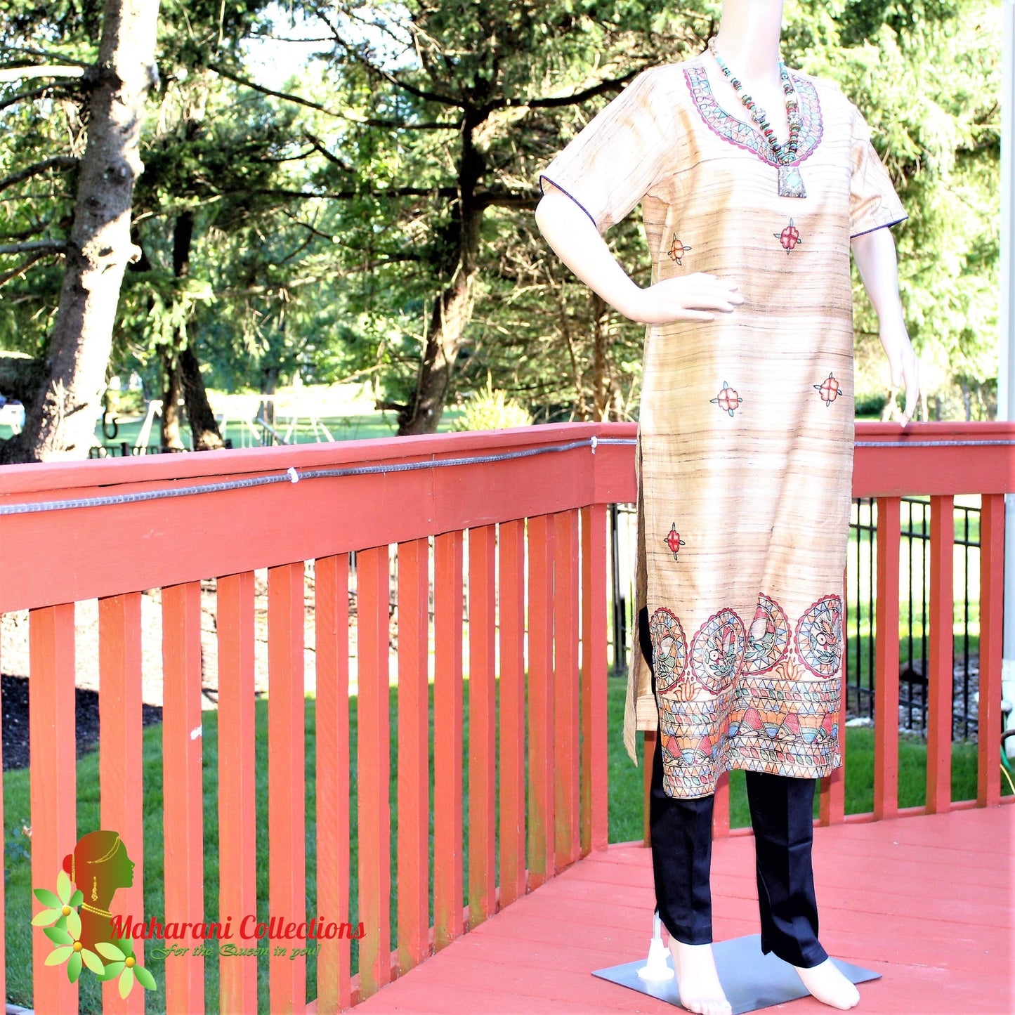 Maharani's Finest Silk Pant Suit - Pure Bhagalpur Tussar Silk - Khaki (M)