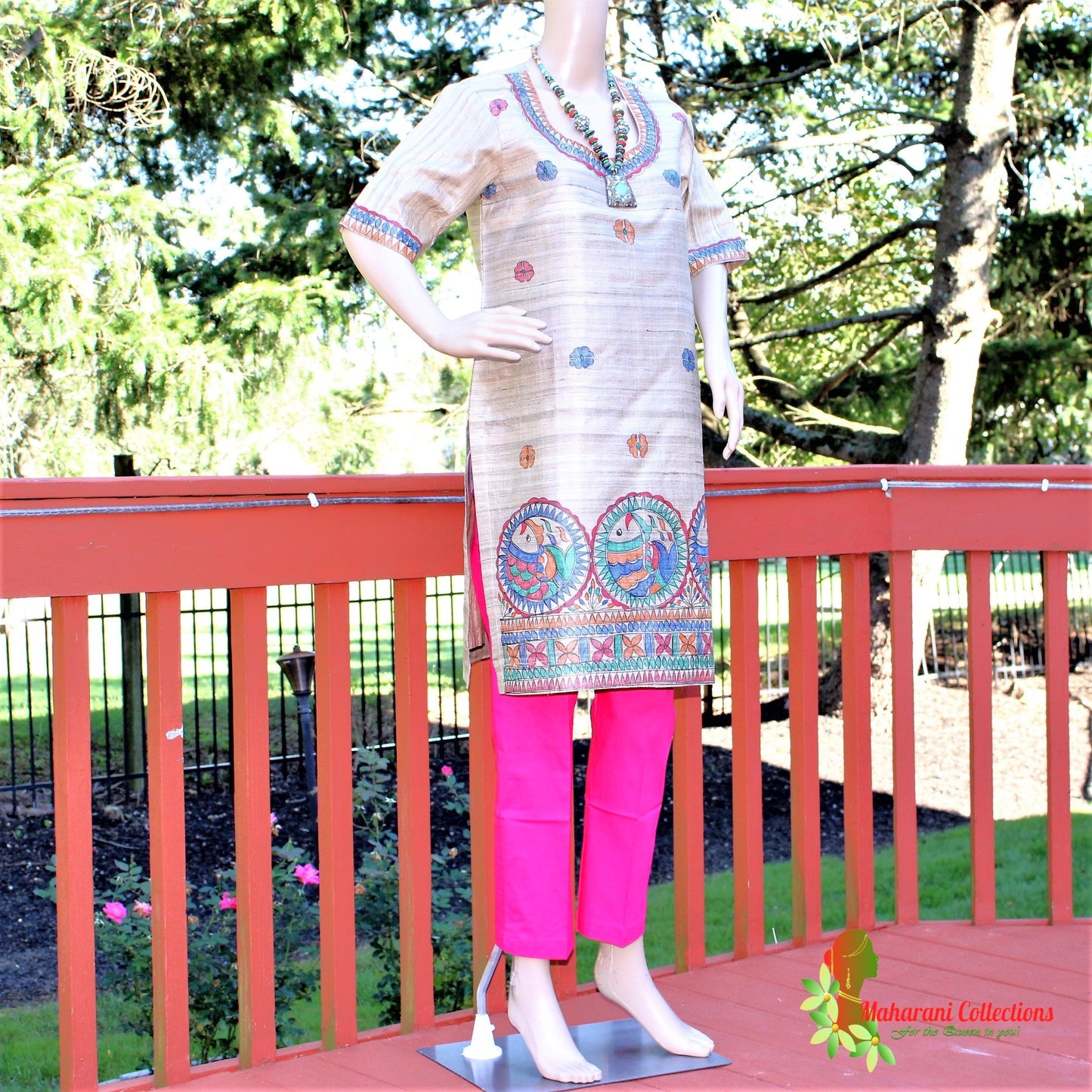 Maharani's Finest Silk Pant Suit - Pure Bhagalpur Tussar Silk - Khaki (M)