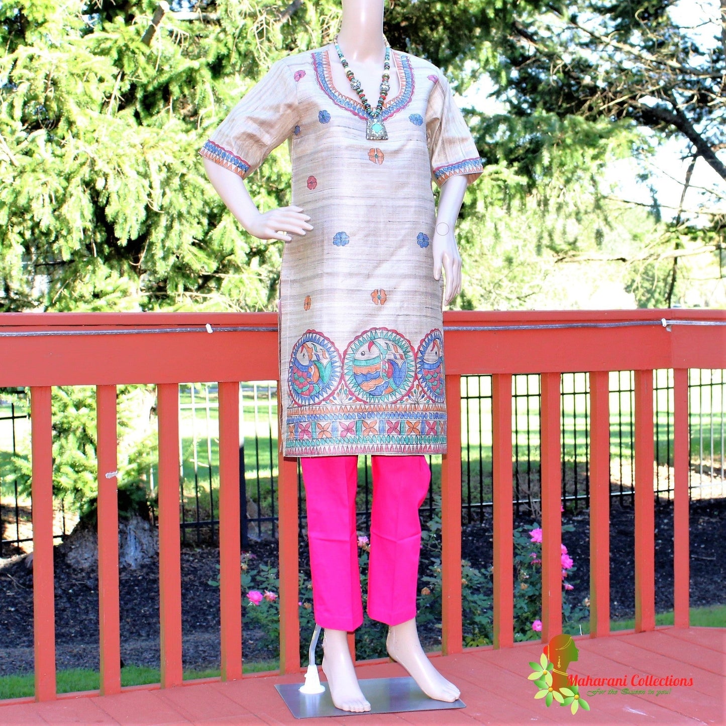 Maharani's Finest Silk Pant Suit - Pure Bhagalpur Tussar Silk - Khaki (M)