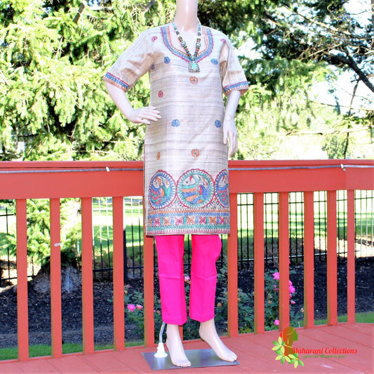 Maharani's Finest Silk Pant Suit - Pure Bhagalpur Tussar Silk - Khaki (M)