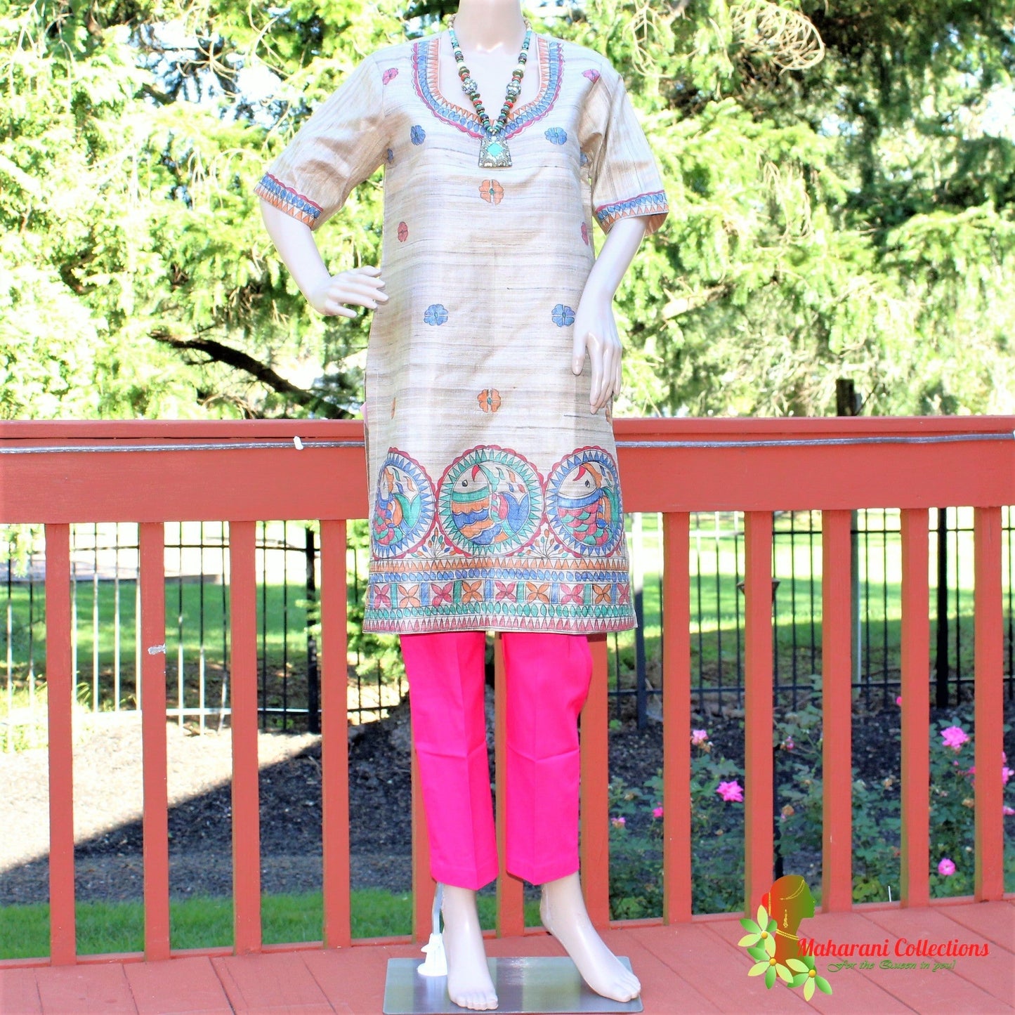 Maharani's Finest Silk Pant Suit - Pure Bhagalpur Tussar Silk - Khaki (M)