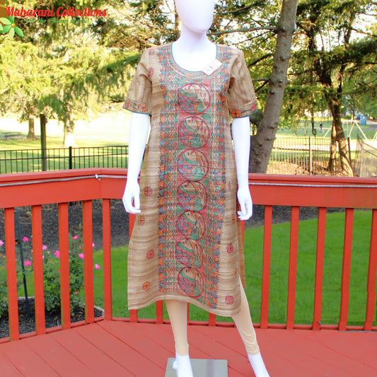 Maharani's Finest Silk Pant Suit - Pure Bhagalpur Tussar Silk - Khaki (M)