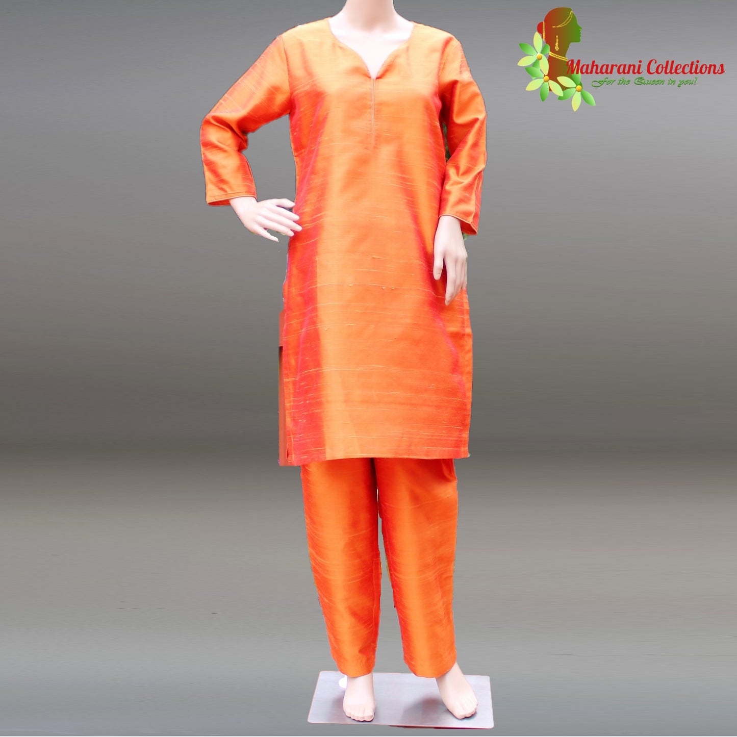 Maharani's Finest Silk Pant Suit - Pure Bhagalpur Tussar Silk - Orange (M)