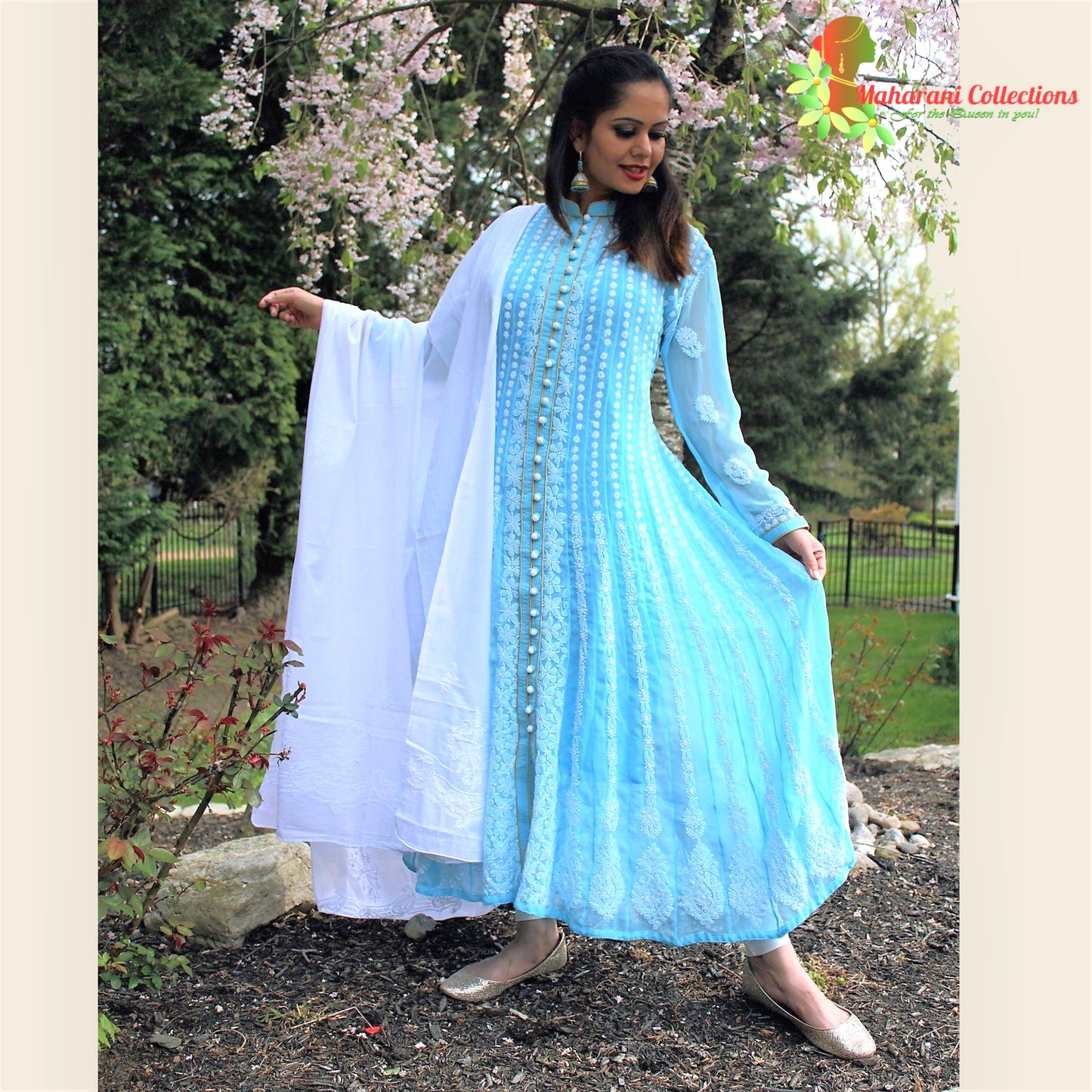 Maharani's Lucknowi Long Gown (Anarkali Suit) - Sky Blue (L)