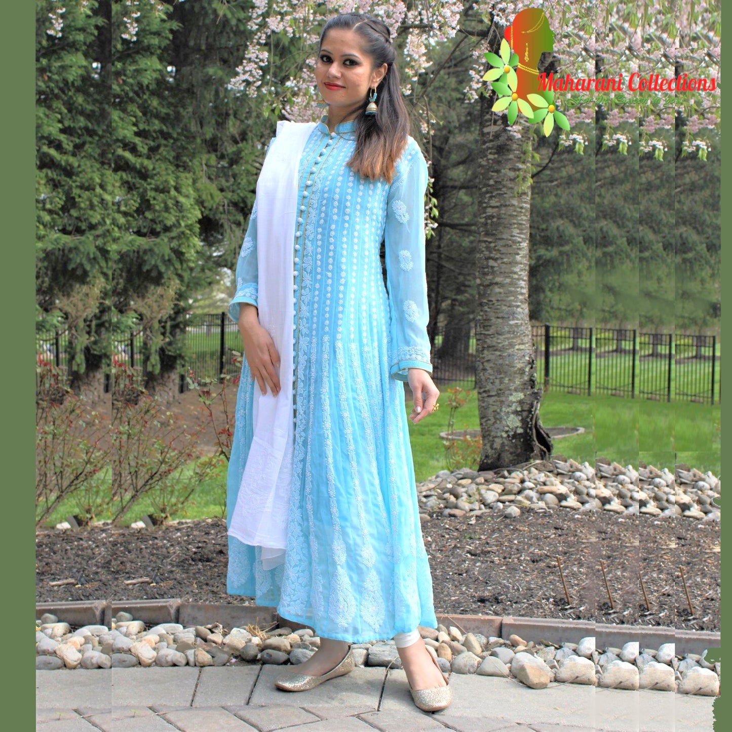 Maharani's Lucknowi Long Gown (Anarkali Suit) - Sky Blue (L)