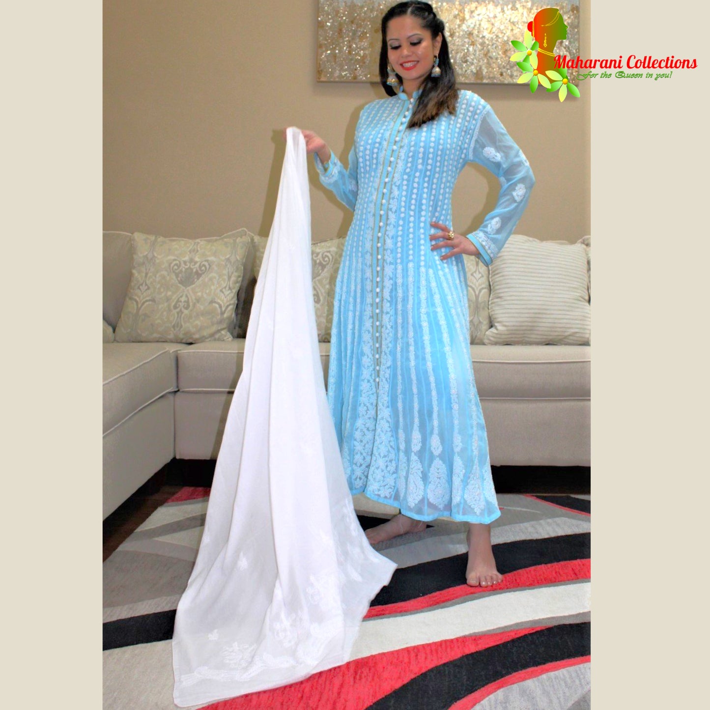 Maharani's Lucknowi Long Gown (Anarkali Suit) - Sky Blue (L)