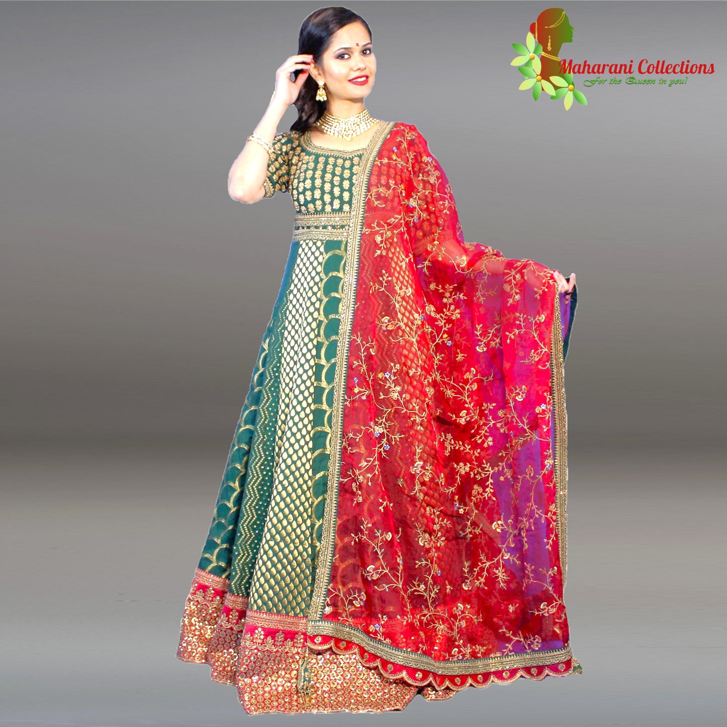 Maharani's Anarkali Suit - Green (M) Silk Gala Gown