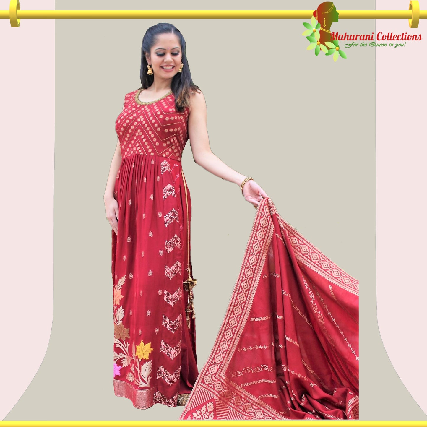 Maharani's Anarkali Suit - Maroon (L) Silk Gala Gown