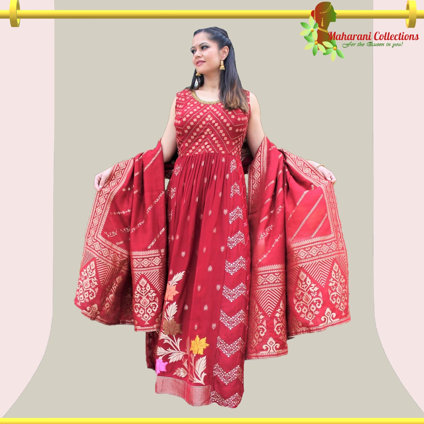 Maharani's Anarkali Suit - Maroon (L) Silk Gala Gown