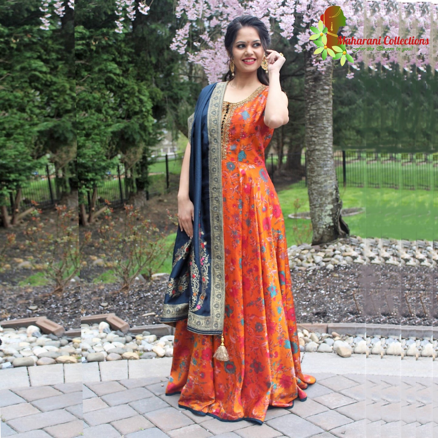 Maharani's Anarkali Suit - Orange (XL) Silk Gala Gown