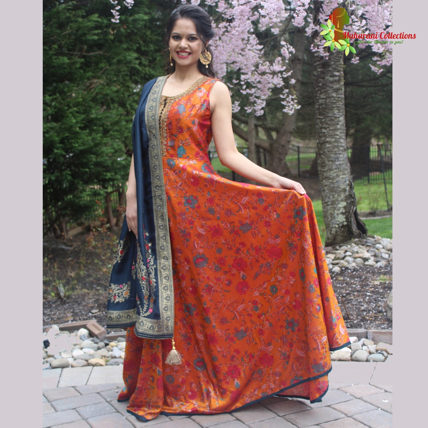 Maharani's Anarkali Suit - Orange (XL) Silk Gala Gown