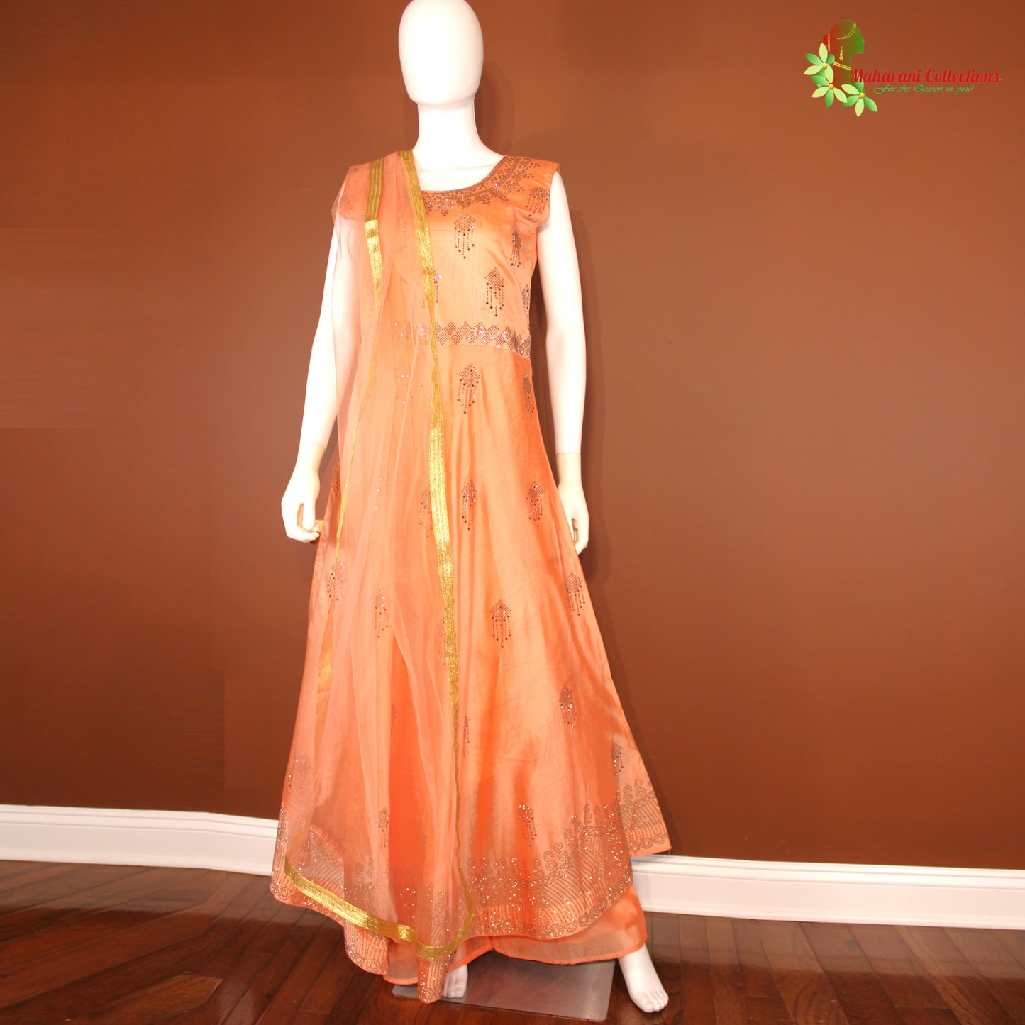 Maharani's Designer Silk Anarkali Suit - Peach (M) - Gala Gown