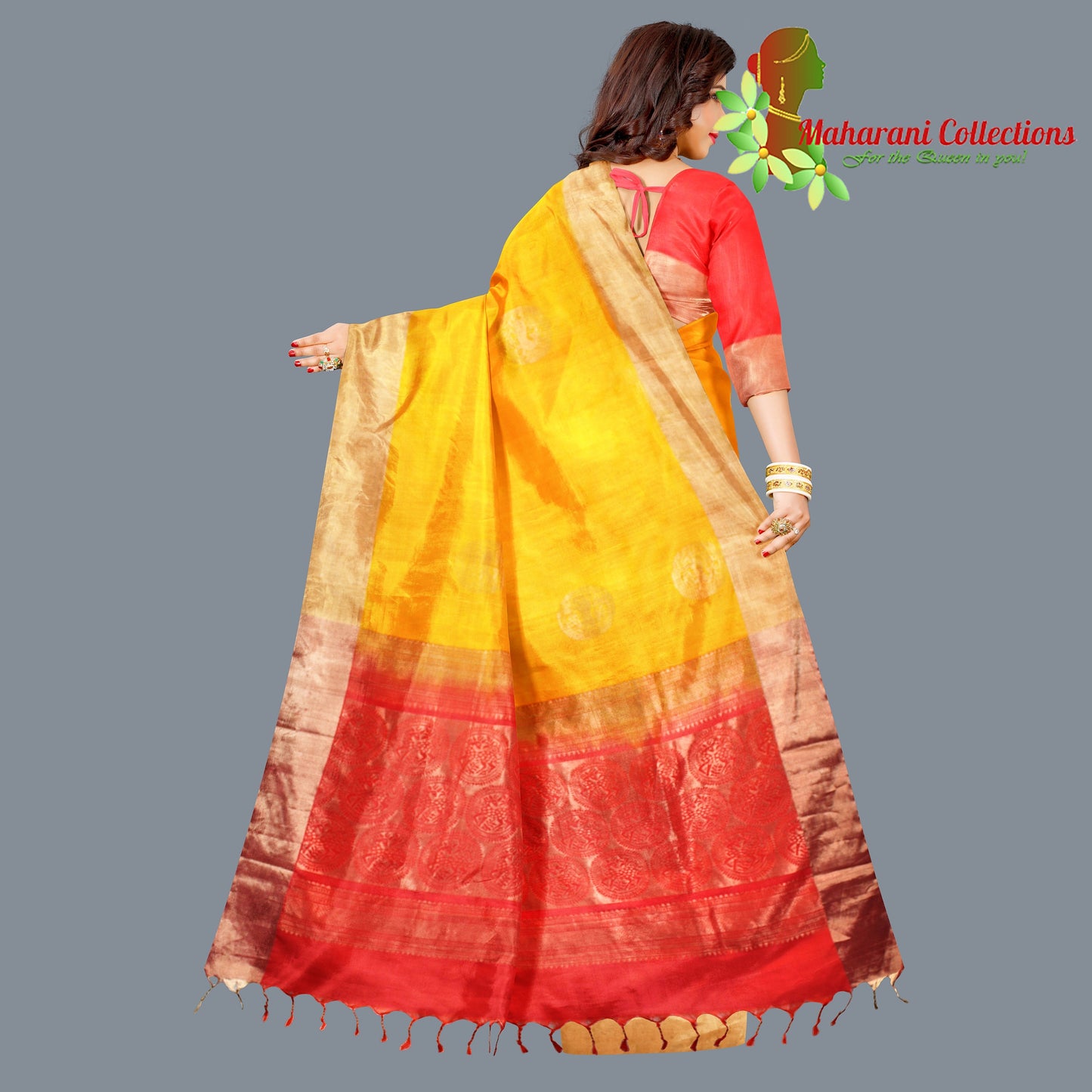 Maharani's Pure Handloom Kanjivaram Silk Saree - Yellow with Red Pallu and Golden Zari Border